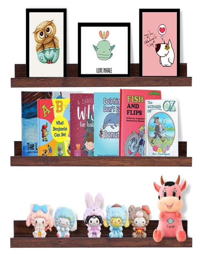 AZSKY Walnut Floating Shelves 24 Inch Picture Ledge Shelf for Wall Photo Shelves with Lip for Pictures Nursery Room Bookshelf Wood Wall Shelves Set of 3 for Bedroom Living Room Bathroom Kitchen - Image 1